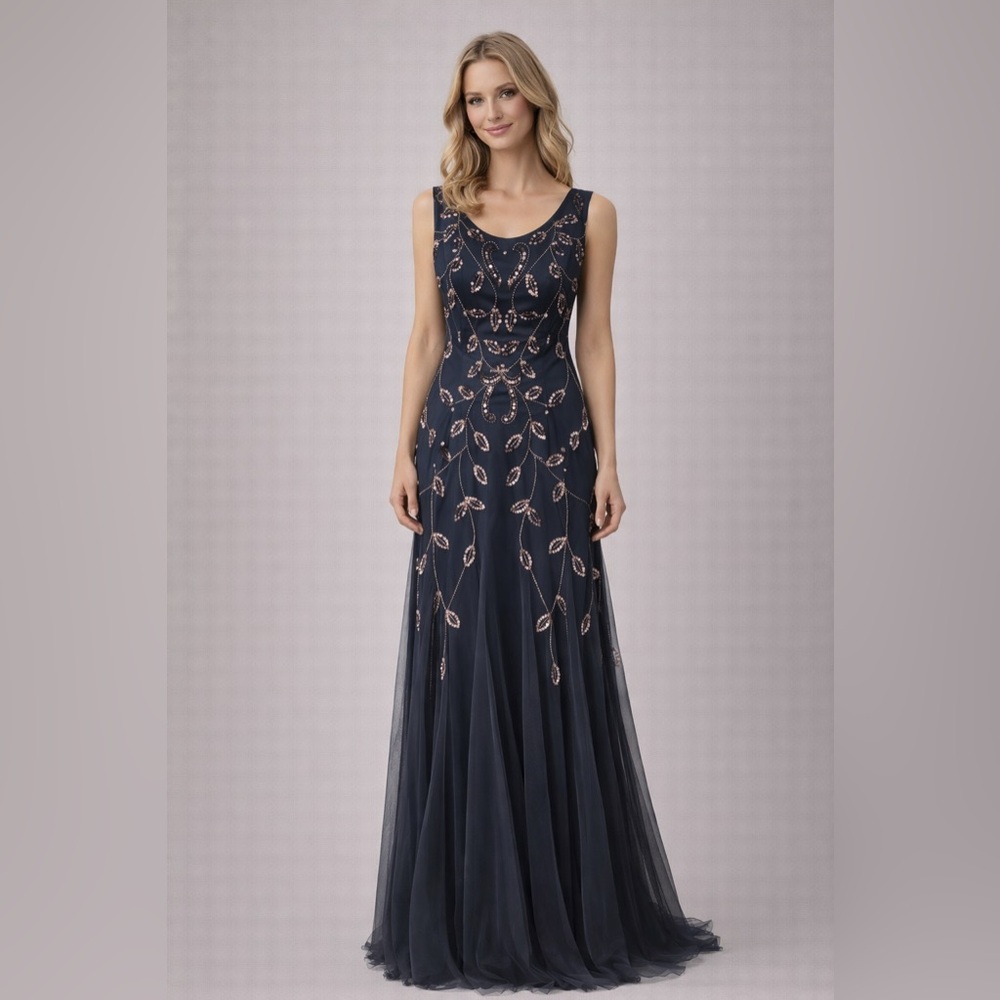 Adrianna Papell Sz 10 Navy Rose Gold Beaded Tulle Evening Gown Formal Dress NWT